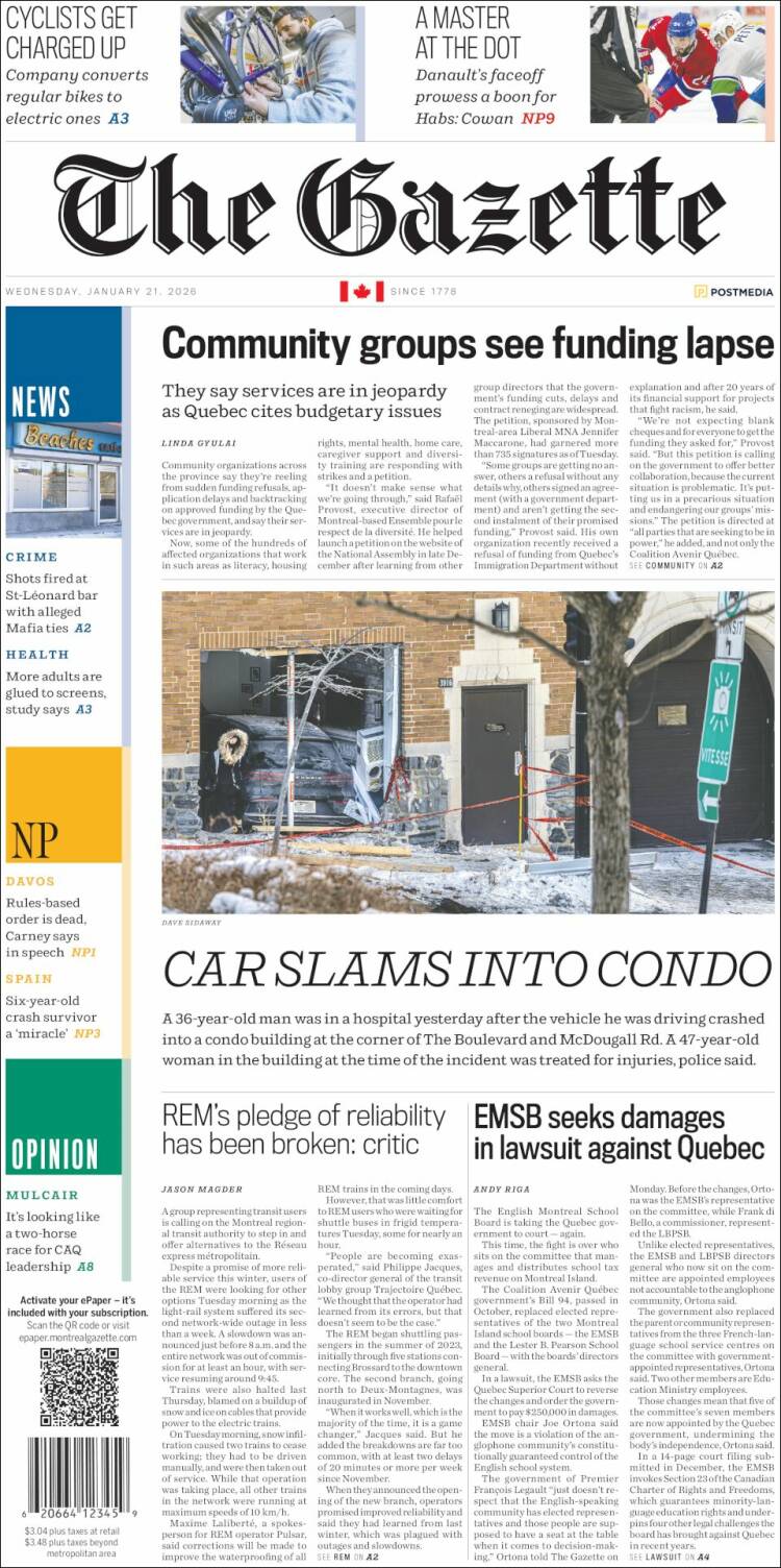 Portada de The Gazette (Canada)