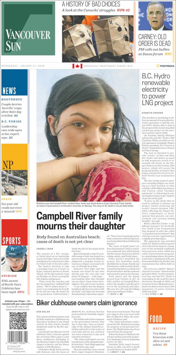 Portada de The Vancouver Sun (Canad&aacute;)