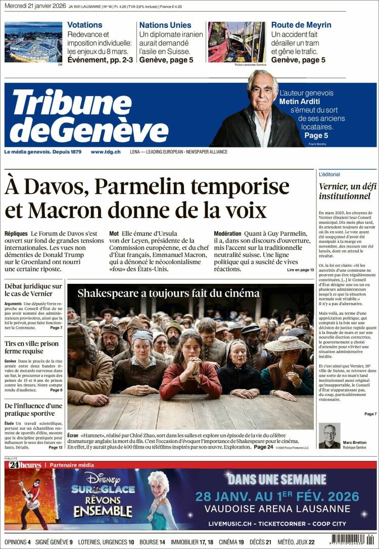 Portada de La Tribune de Genève (Suiza)