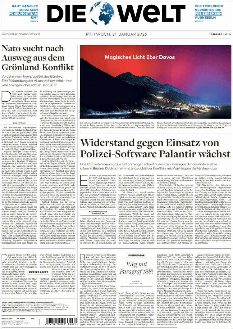 Portada de Die Welt (Alemania)