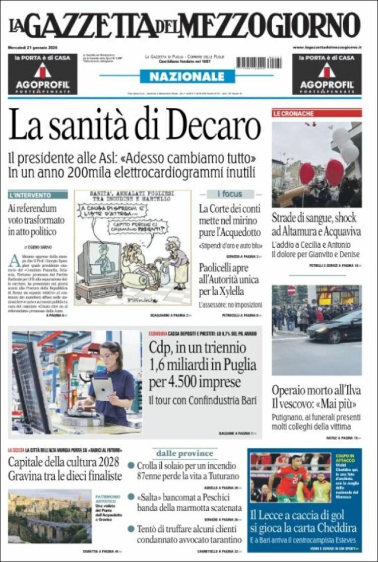 Portada de La Gazzetta del Mezzogiorno (Italia)