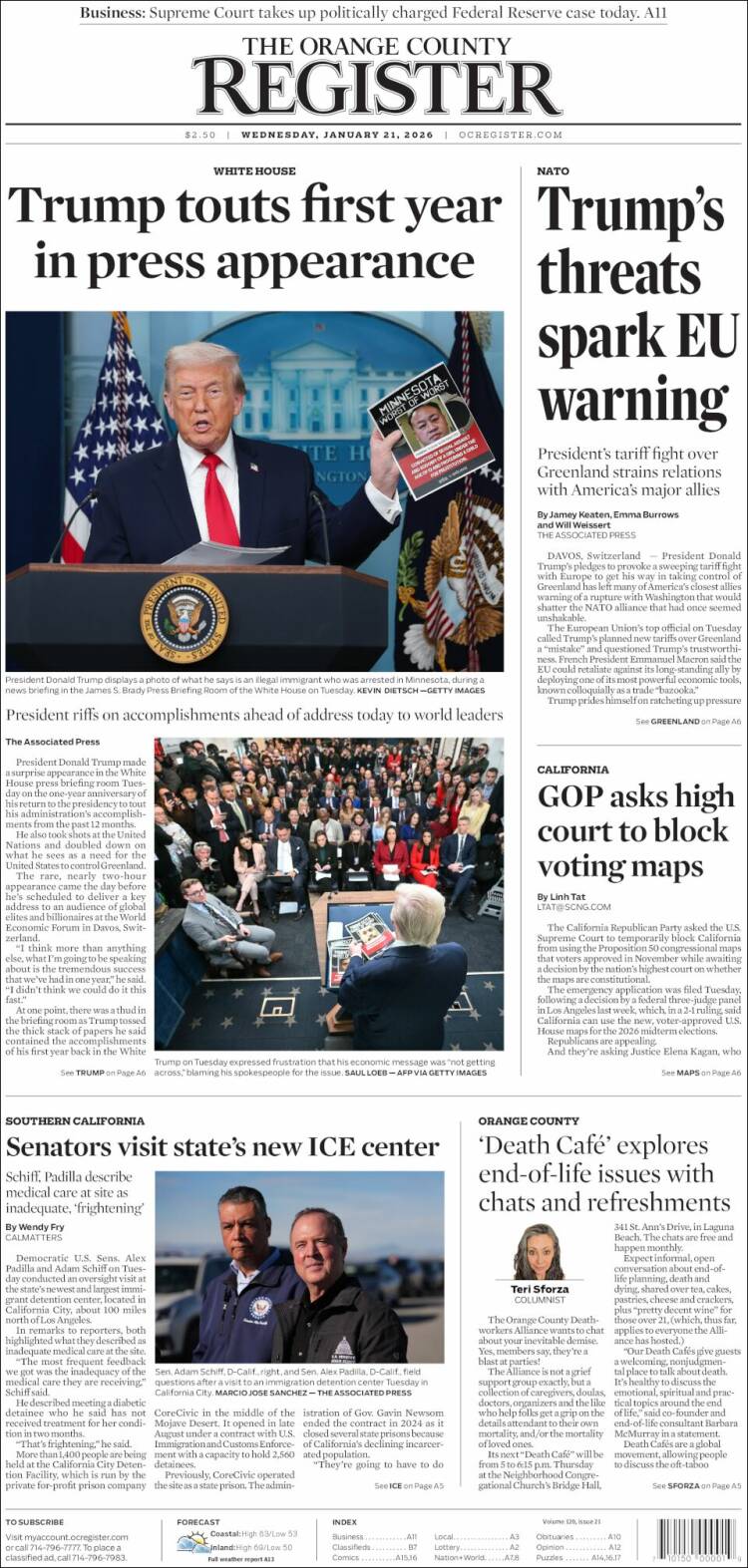 Portada de The Orange County Register (USA)