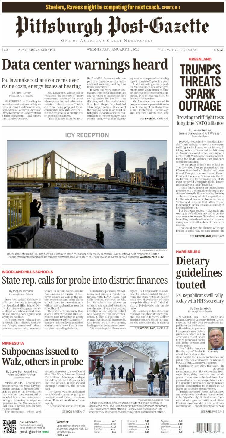 Portada de Pittsburgh Post-Gazette (USA)