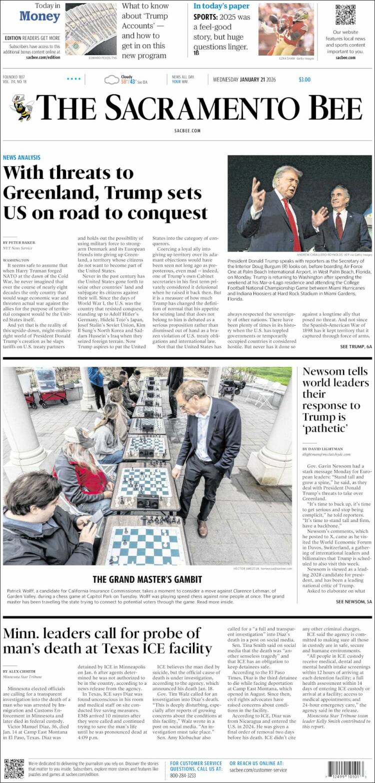 Portada de The Sacramento Bee (USA)