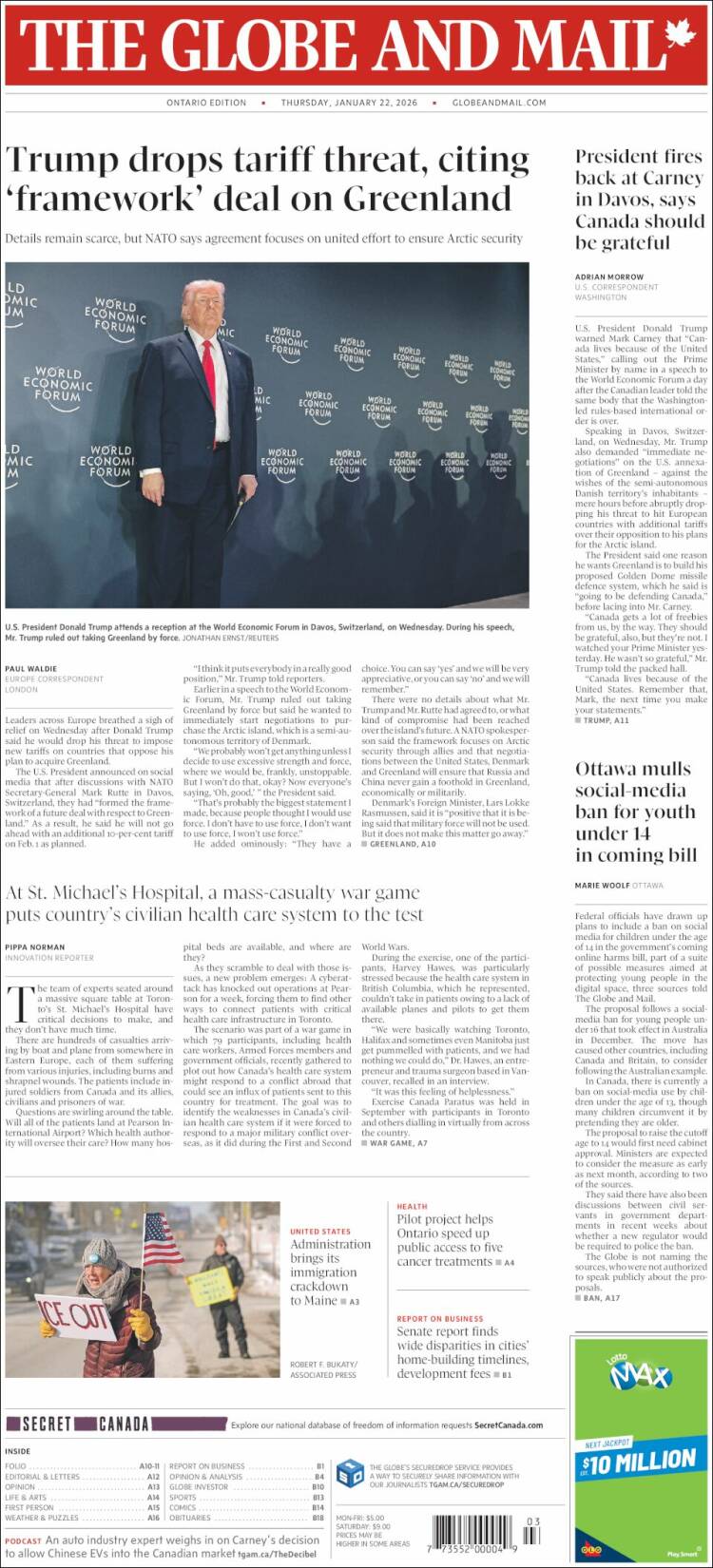 Portada de The Globe and Mail (Canad&aacute;)