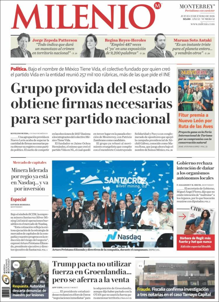 Portada de Milenio de Monterrey (M&eacute;xico)