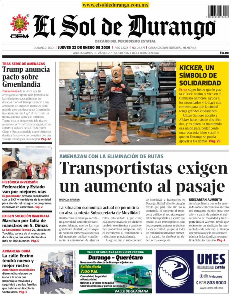 Portada de El Sol de Durango (M&eacute;xico)