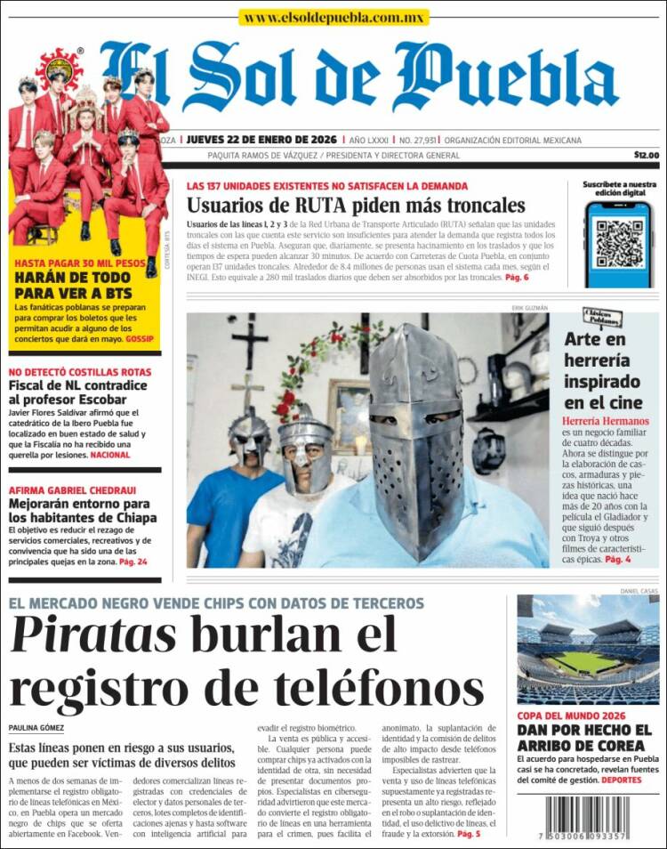 Portada de El Sol de Puebla (M&eacute;xico)