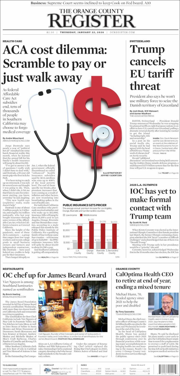 Portada de The Orange County Register (USA)