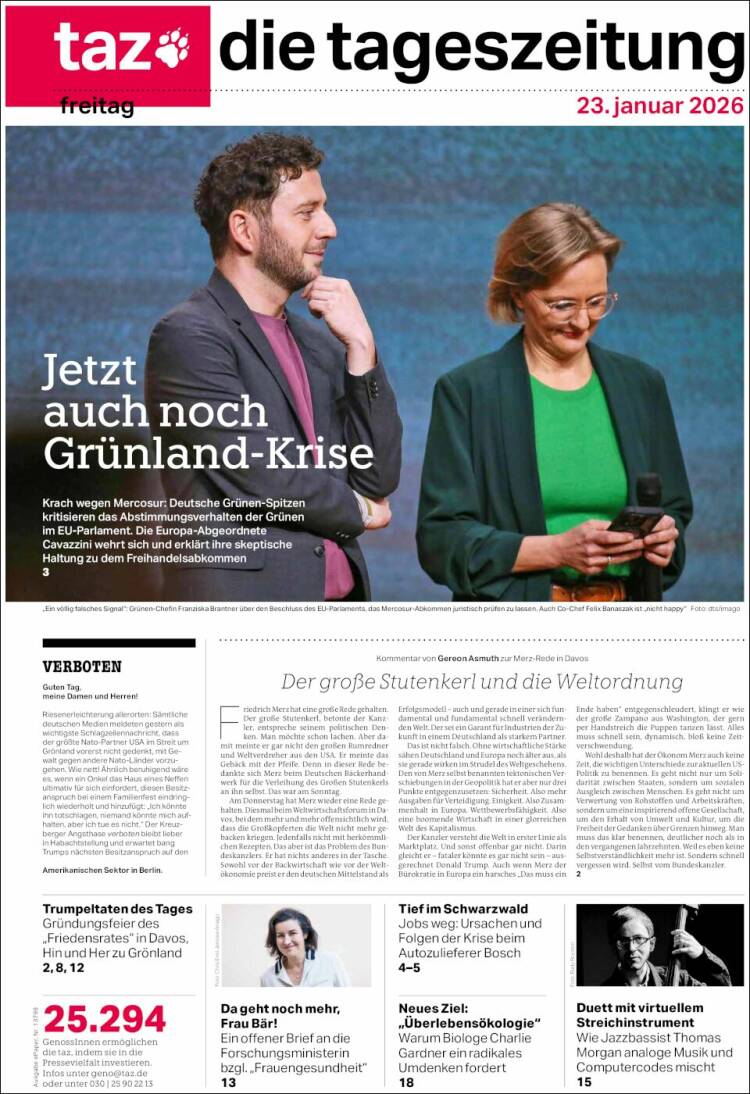 Portada de Die Tageszeitung (Alemania)