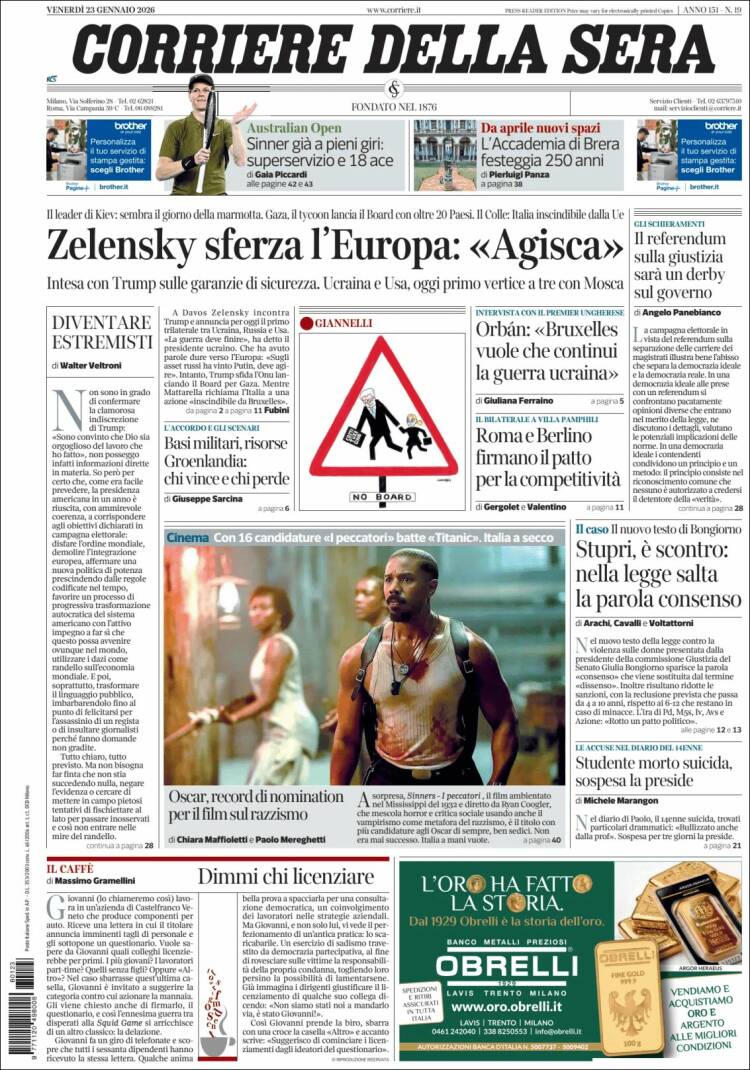 Portada de Corriere della Sera (Italia)