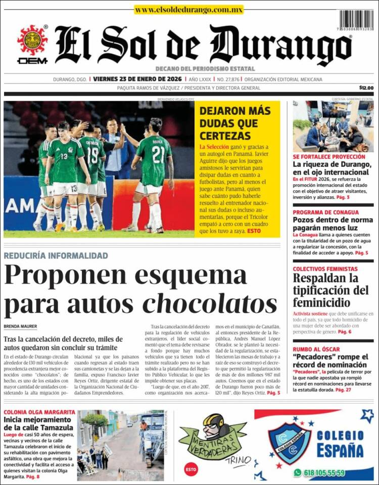 Portada de El Sol de Durango (M&eacute;xico)