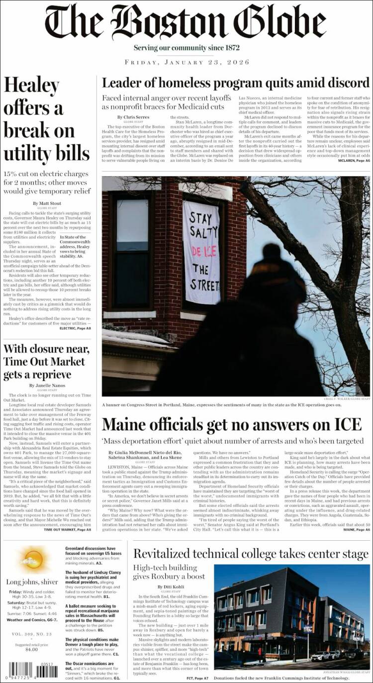 Portada de Boston Globe (USA)