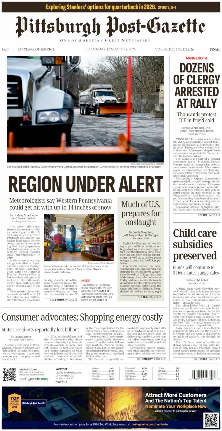 Portada de Pittsburgh Post-Gazette (USA)