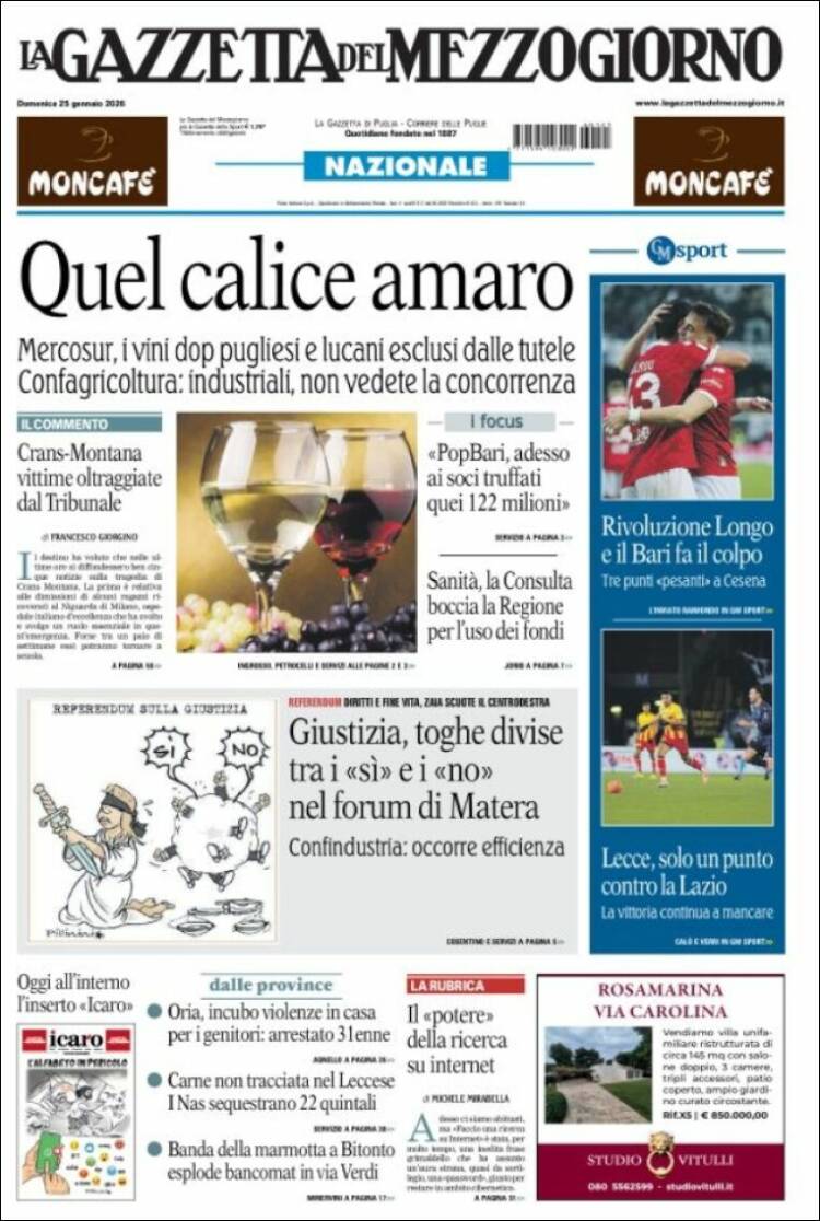 Portada de La Gazzetta del Mezzogiorno (Italia)