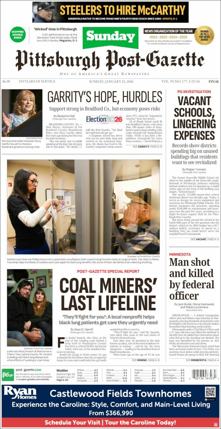 Portada de Pittsburgh Post-Gazette (USA)