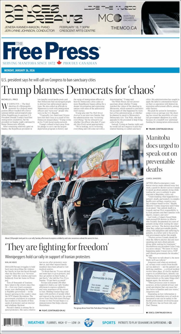 Portada de Winnipeg Free Press (Canad&aacute;)