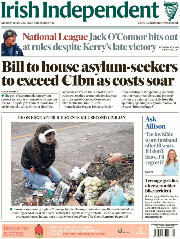 Portada de Irish Independent (Irlanda)