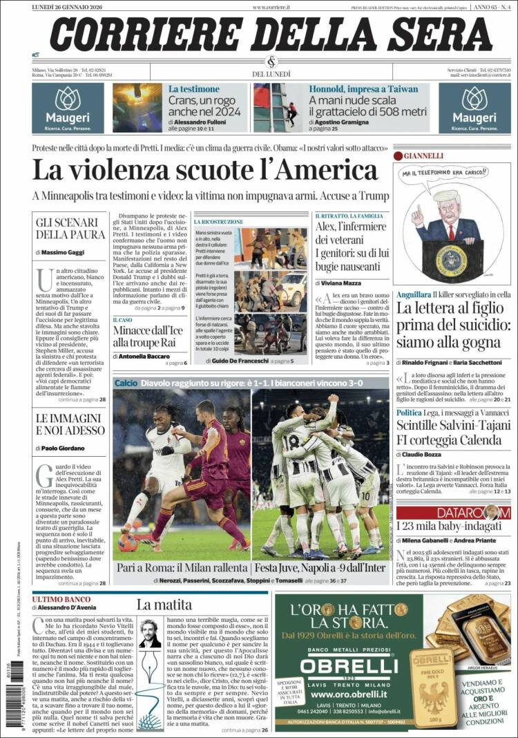 Portada de Corriere della Sera (Italia)