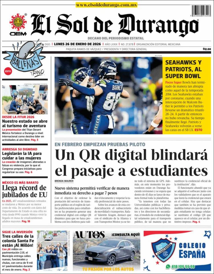 Portada de El Sol de Durango (M&eacute;xico)