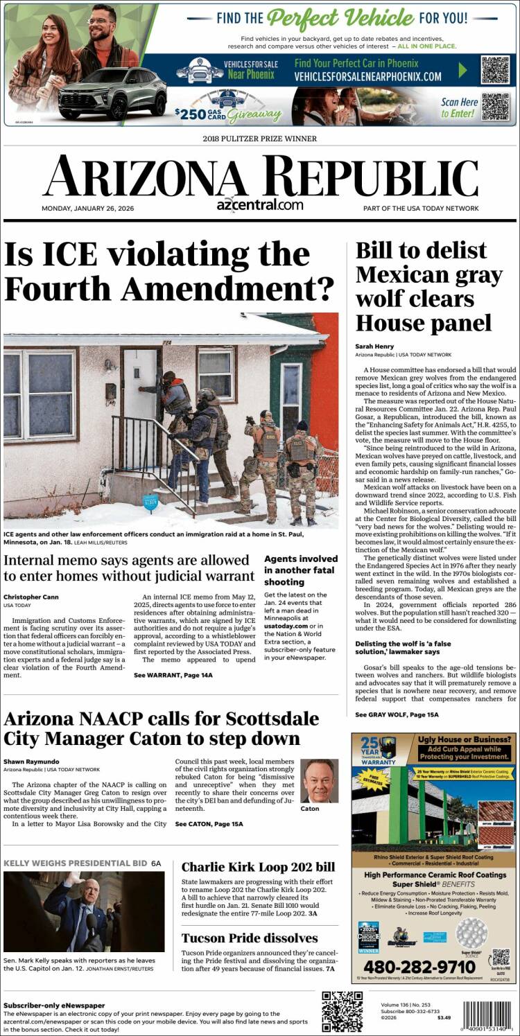 Portada de Arizona Republic News (USA)