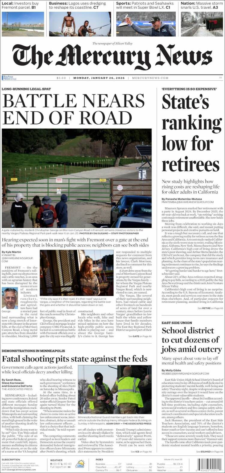 Portada de San Jose Mercury News (USA)