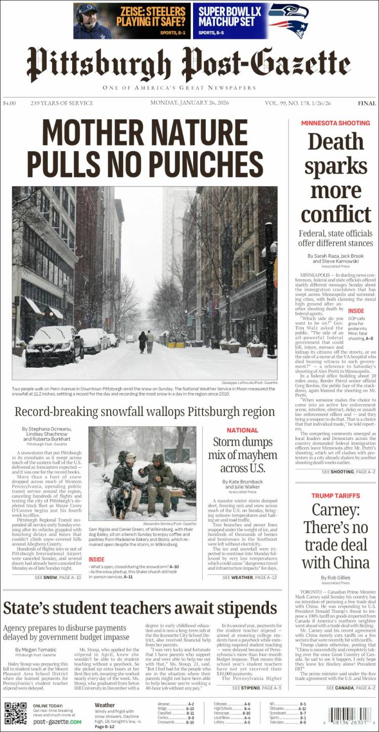 Portada de Pittsburgh Post-Gazette (USA)