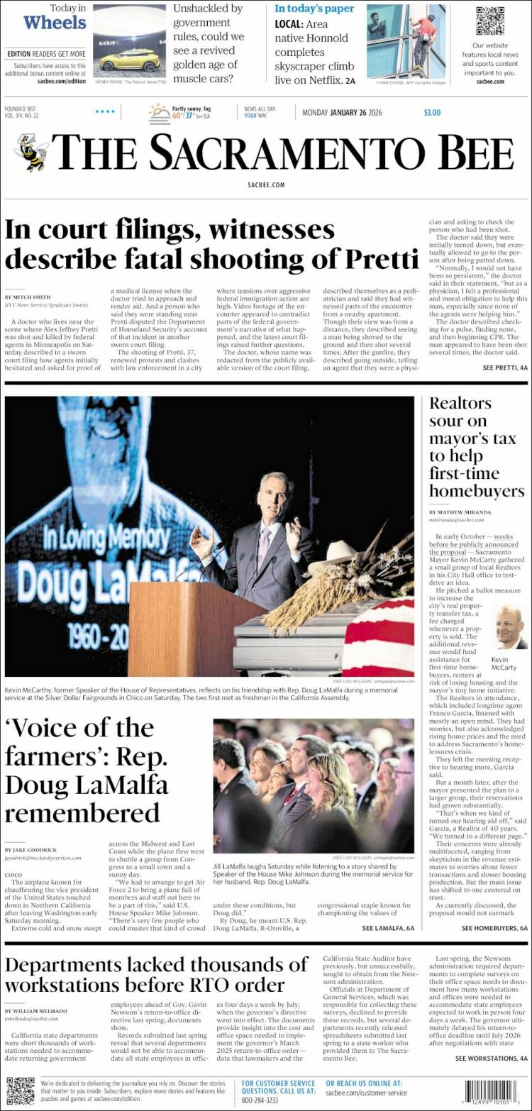 Portada de The Sacramento Bee (USA)