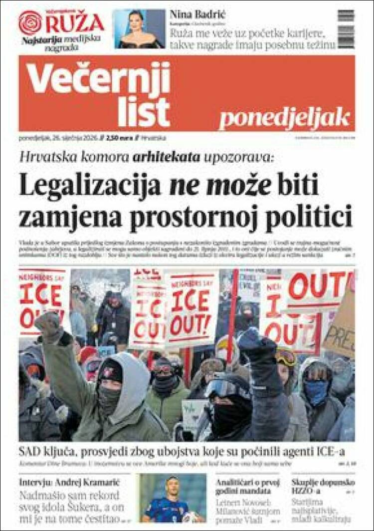 Portada de Večernji (Croacia)