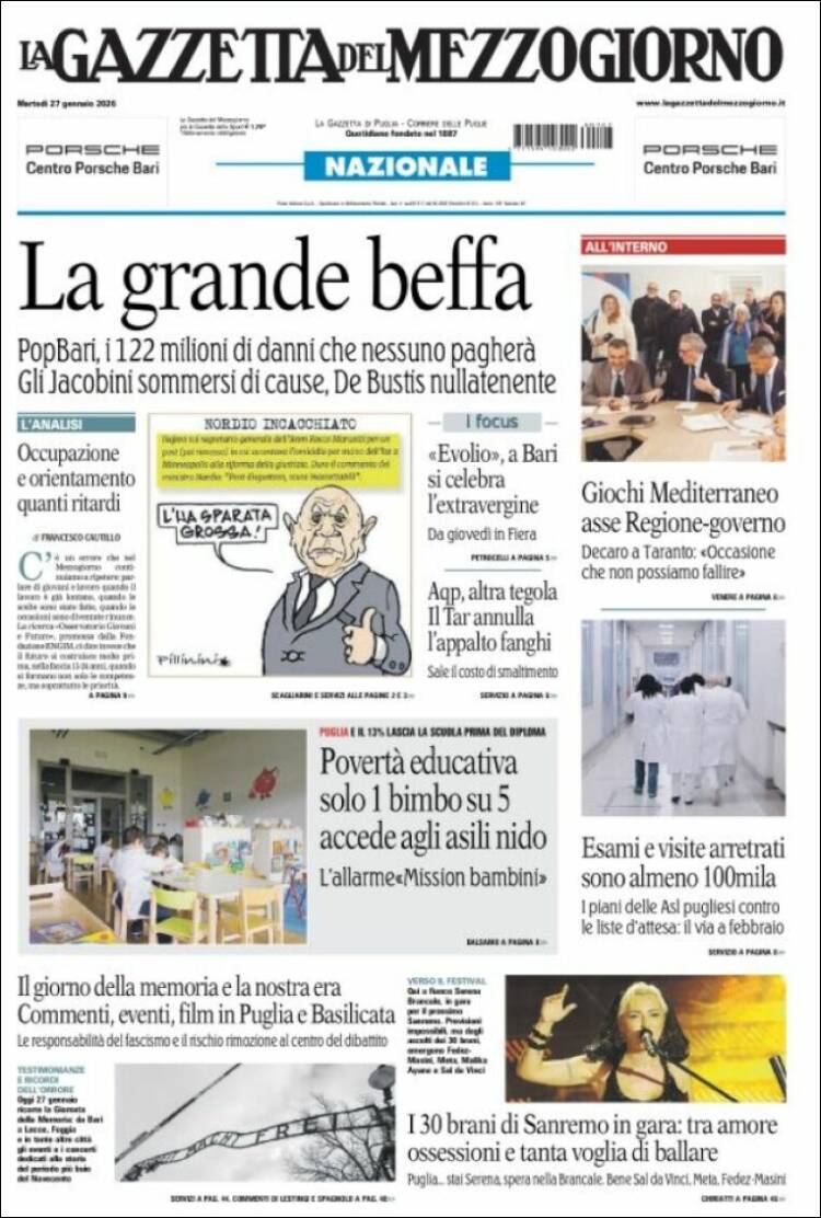 Portada de La Gazzetta del Mezzogiorno (Italia)