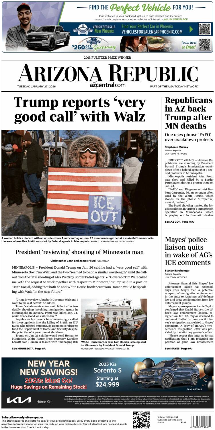 Portada de Arizona Republic News (USA)