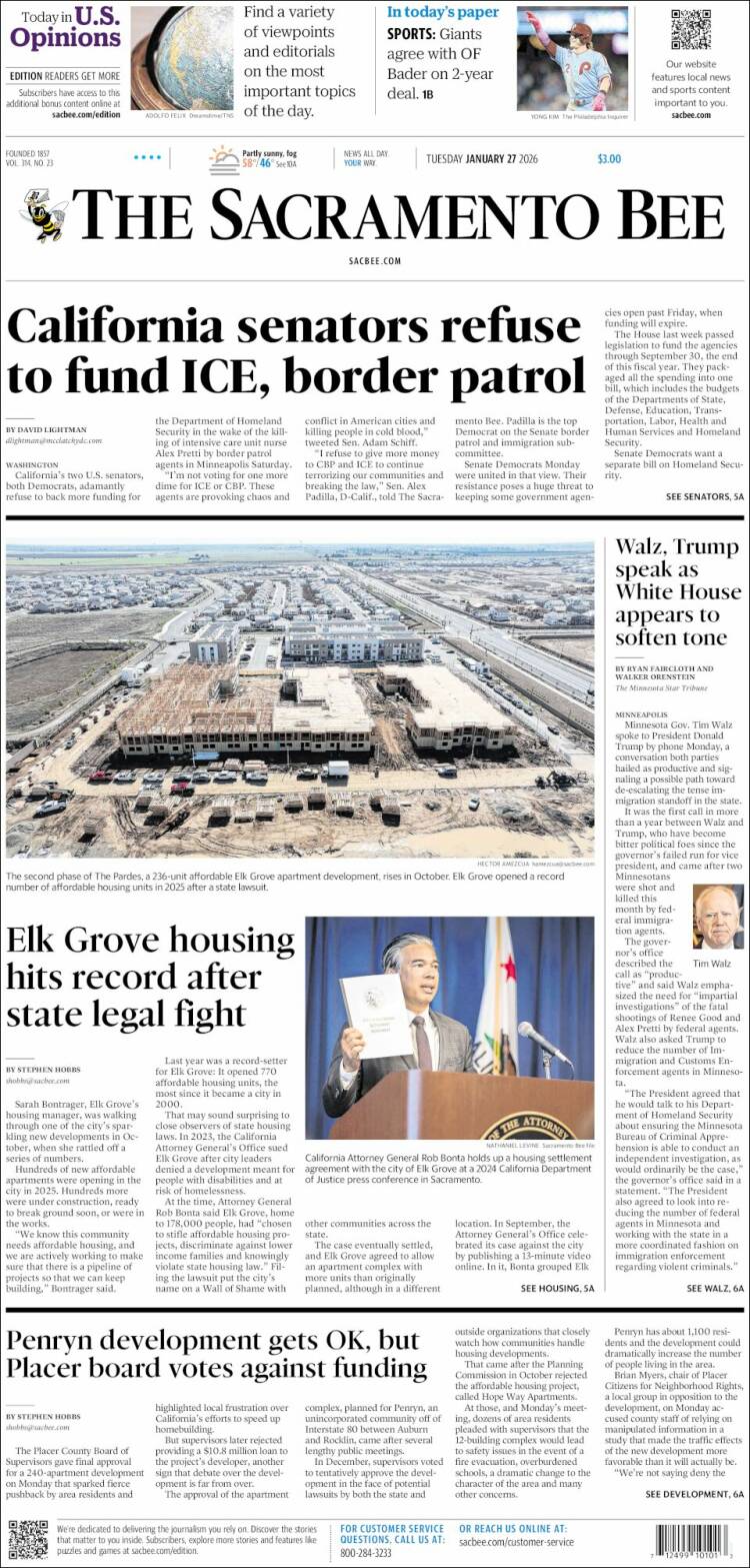 Portada de The Sacramento Bee (USA)