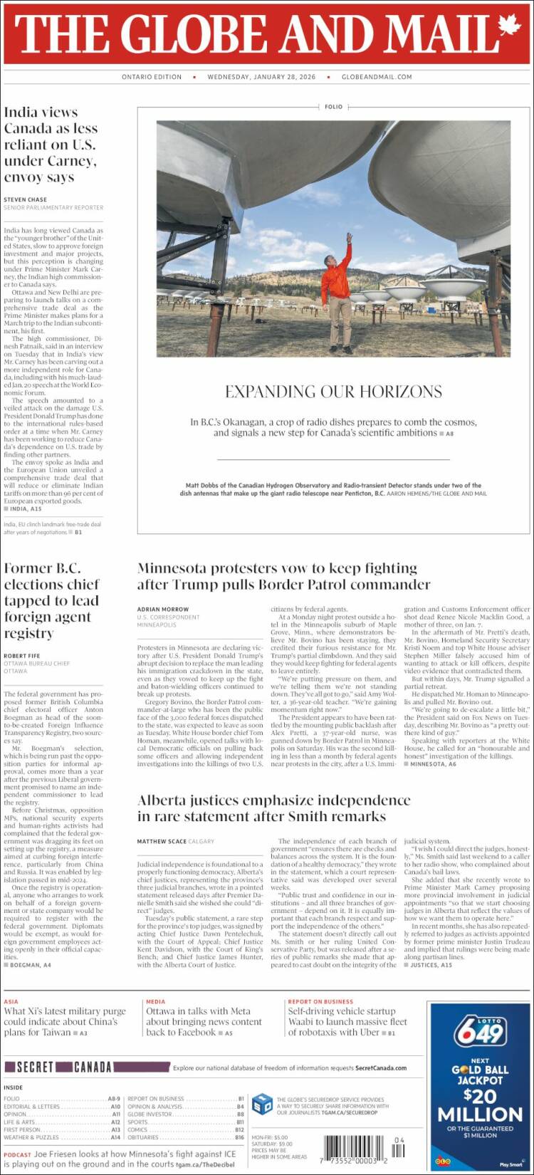 Portada de The Globe and Mail (Canad&aacute;)