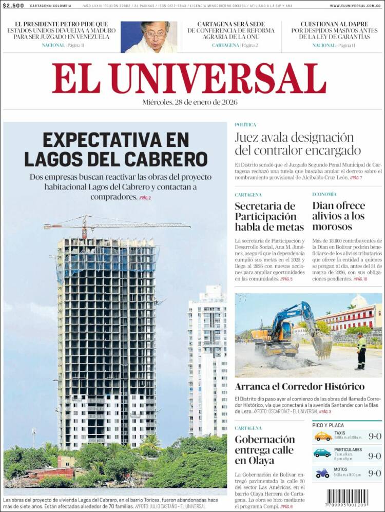 Portada de El Universal (Colombia)
