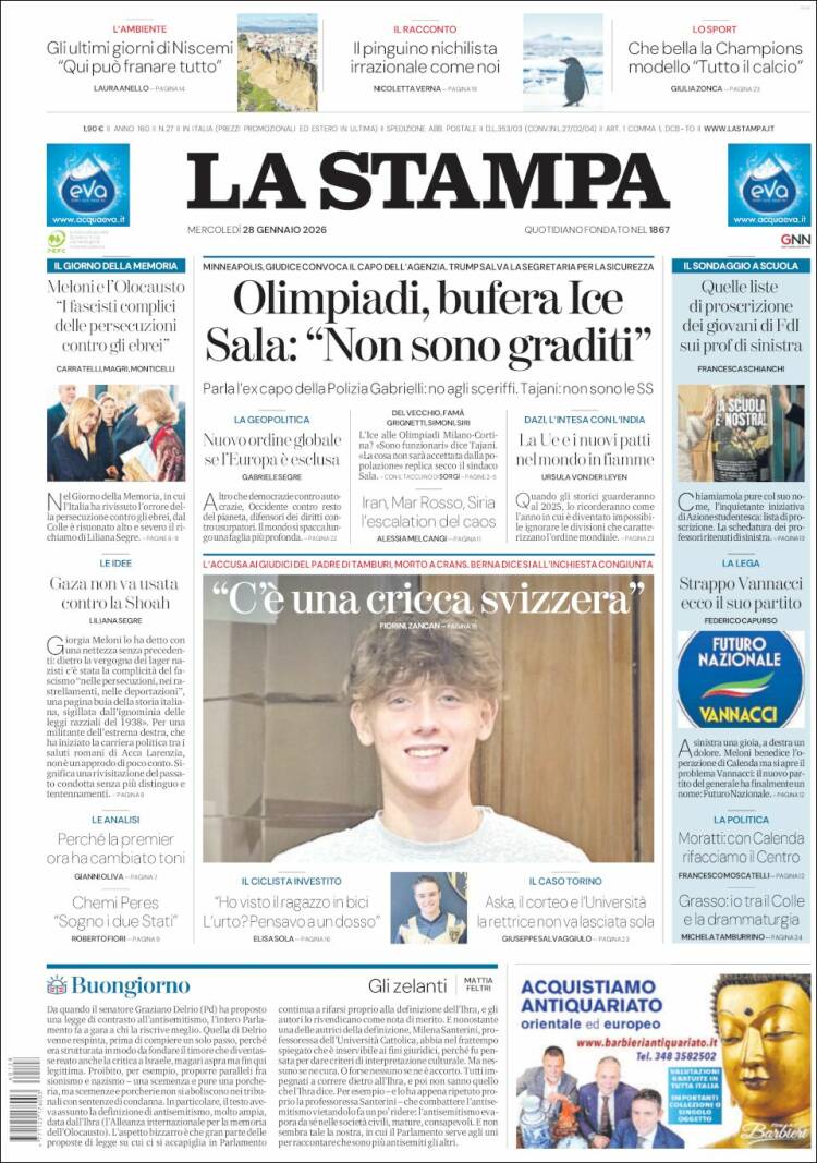 Portada de La Stampa (Italia)