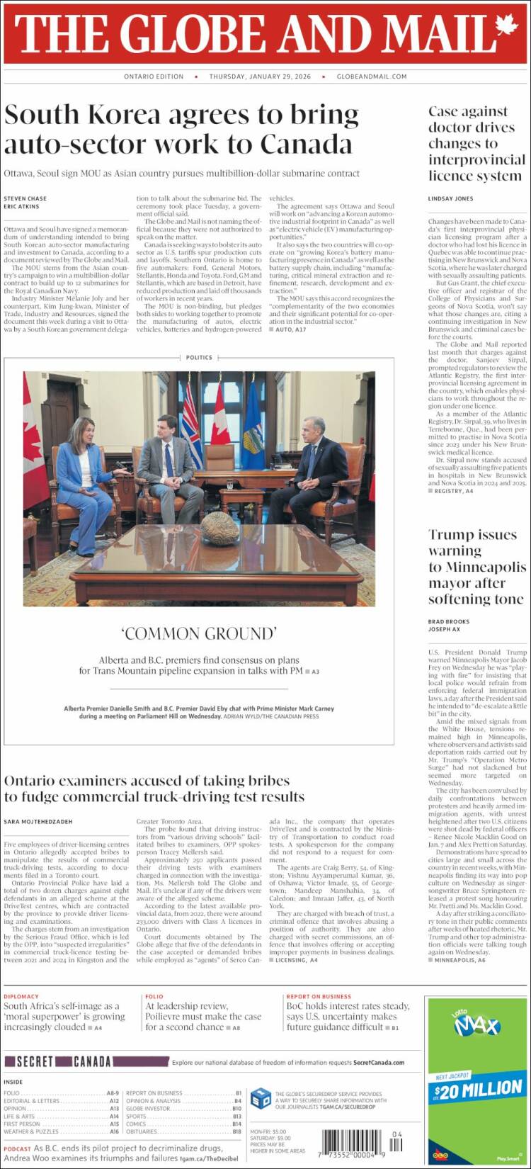 Portada de The Globe and Mail (Canad&aacute;)