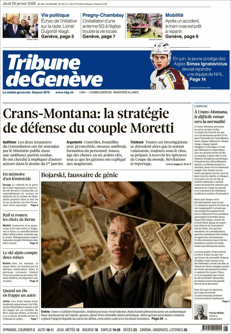 Portada de La Tribune de Genève (Suiza)