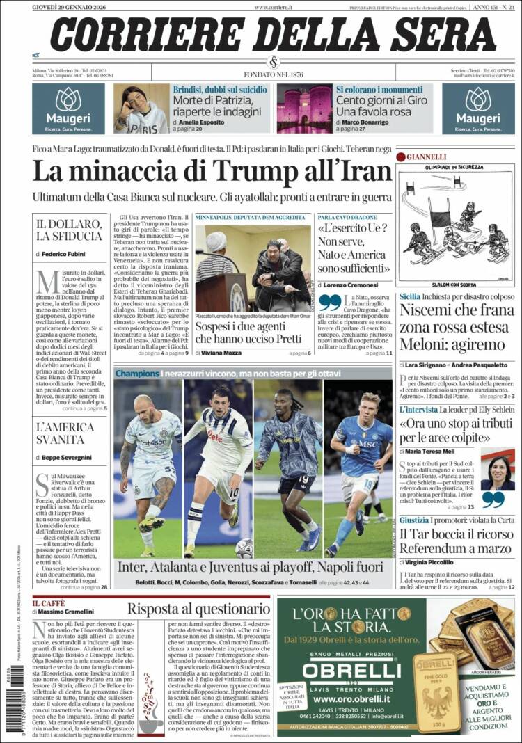 Portada de Corriere della Sera (Italia)