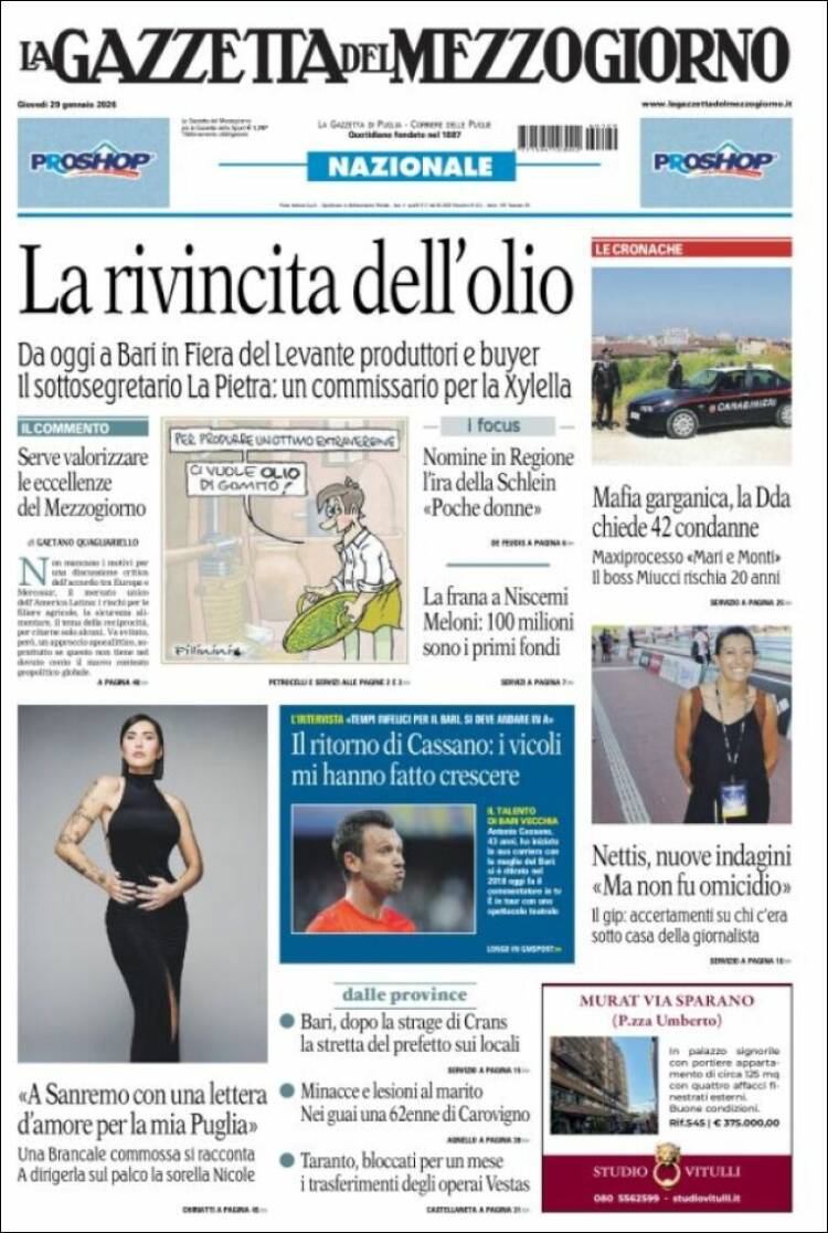 Portada de La Gazzetta del Mezzogiorno (Italia)