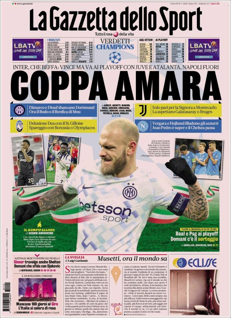 Portada de La Gazzetta dello Sport (Italia)
