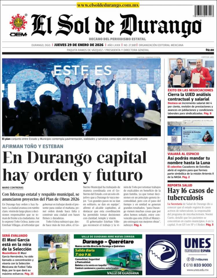 Portada de El Sol de Durango (M&eacute;xico)