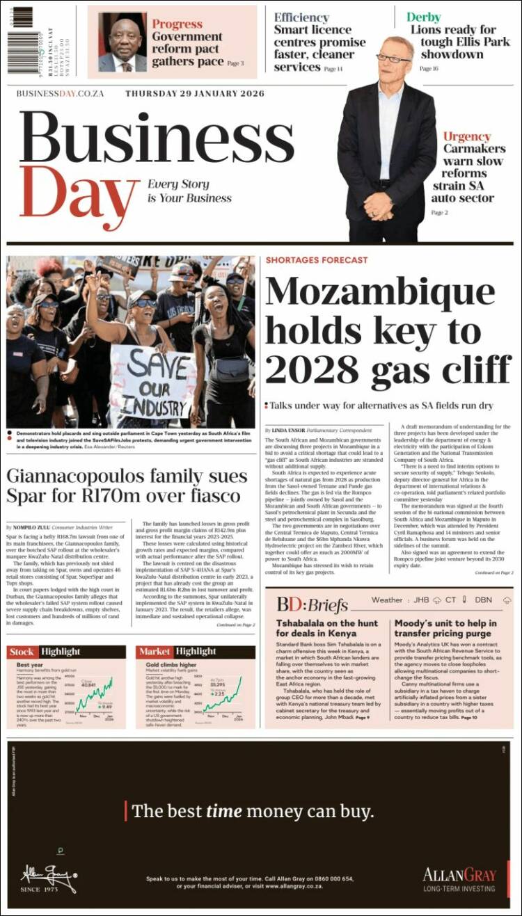 Portada de Business Day (Sud&aacute;frica)