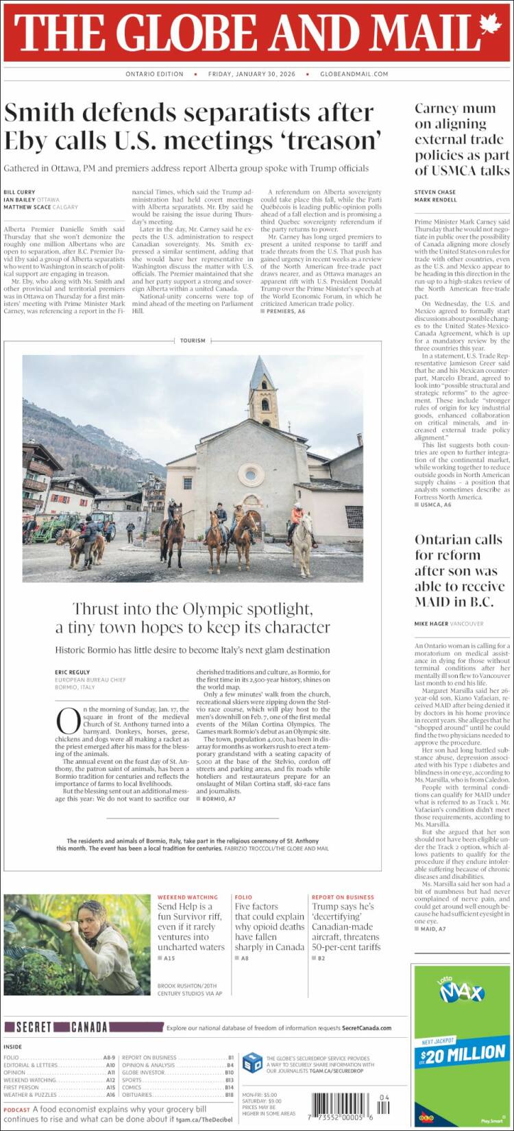 Portada de The Globe and Mail (Canad&aacute;)