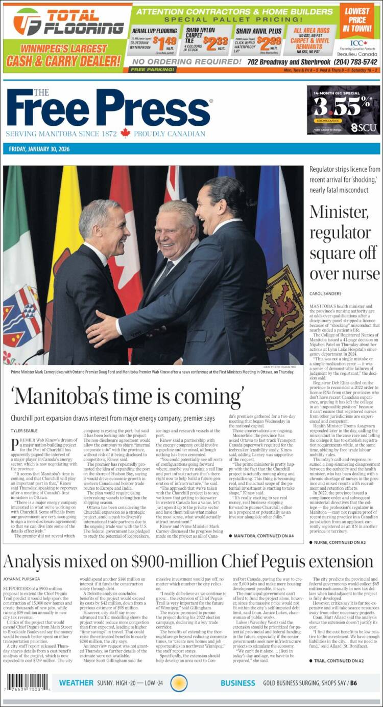 Portada de Winnipeg Free Press (Canad&aacute;)