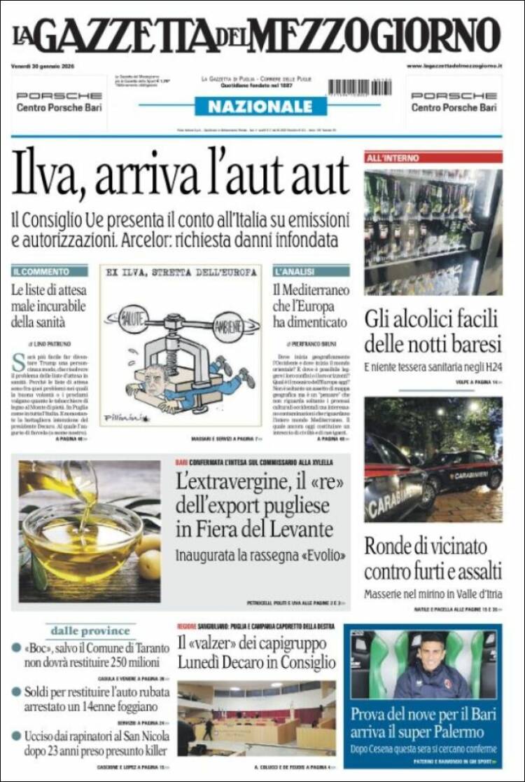 Portada de La Gazzetta del Mezzogiorno (Italia)