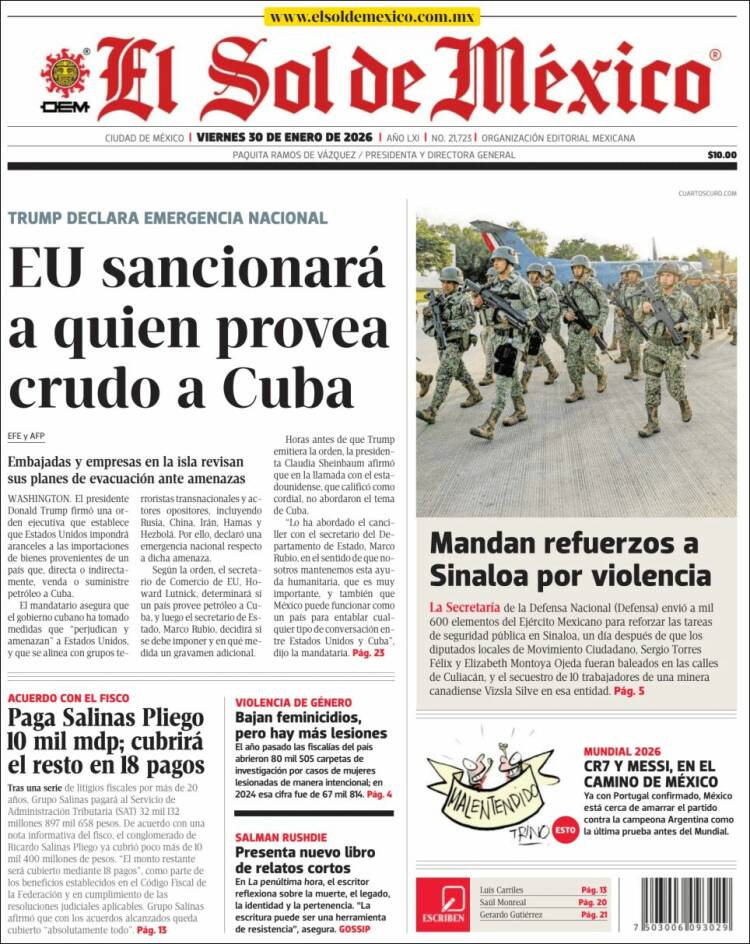 Portada de El Sol de México (M&eacute;xico)