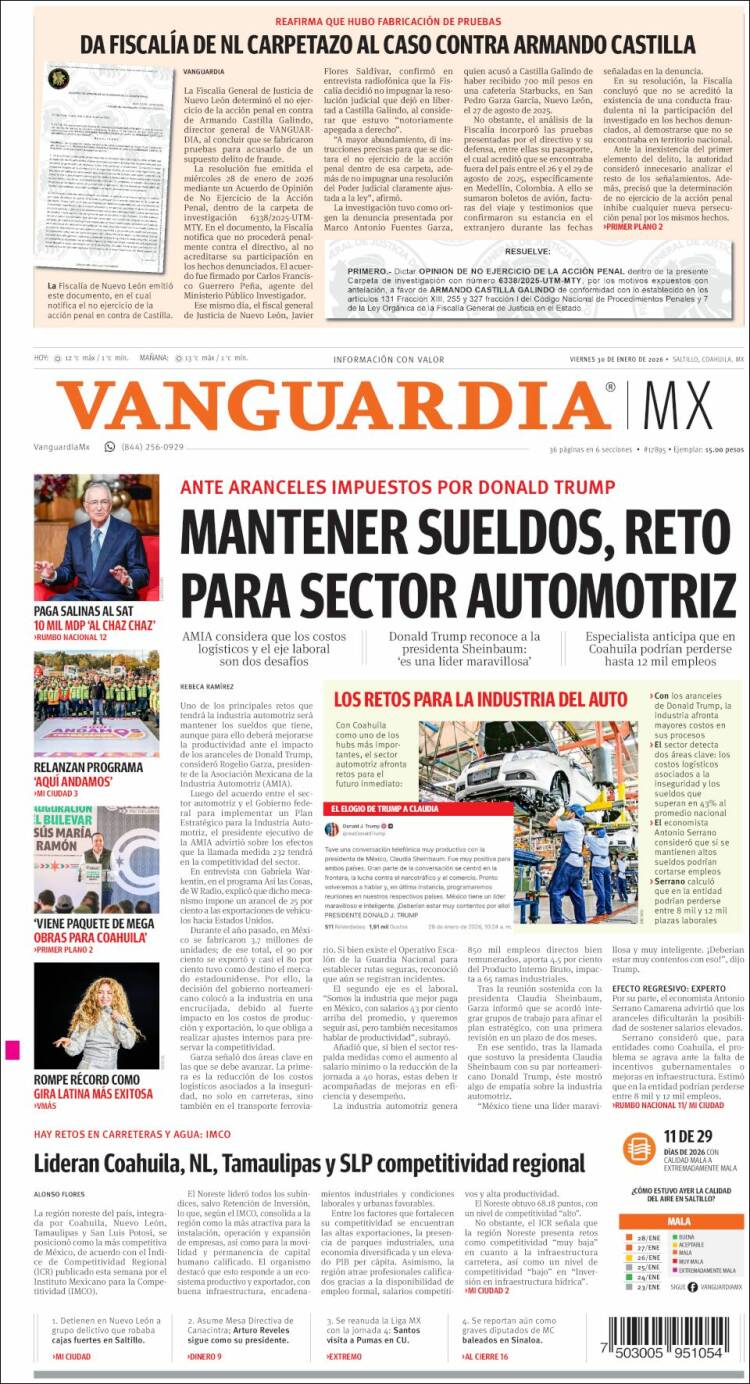 Portada de Vanguardia (M&eacute;xico)