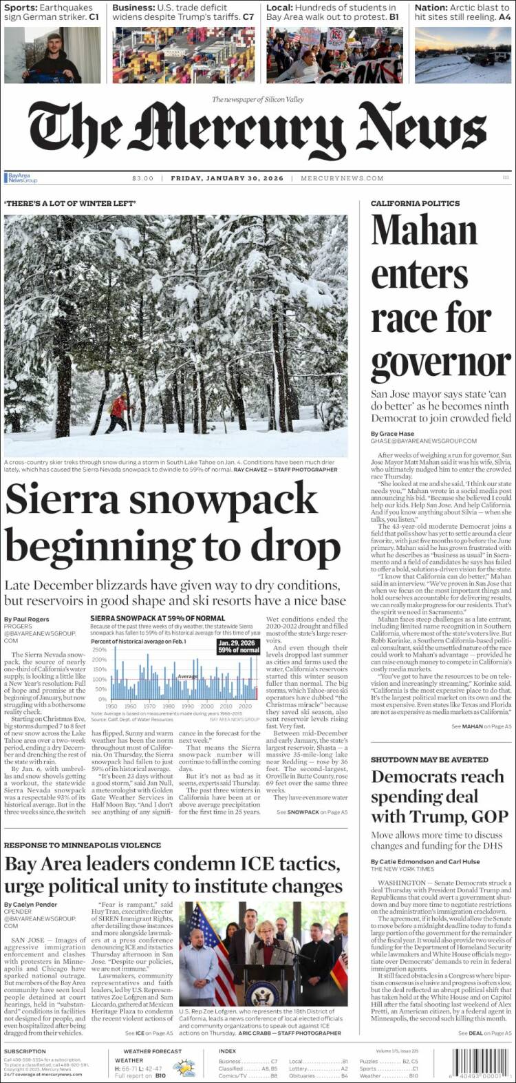 Portada de San Jose Mercury News (USA)