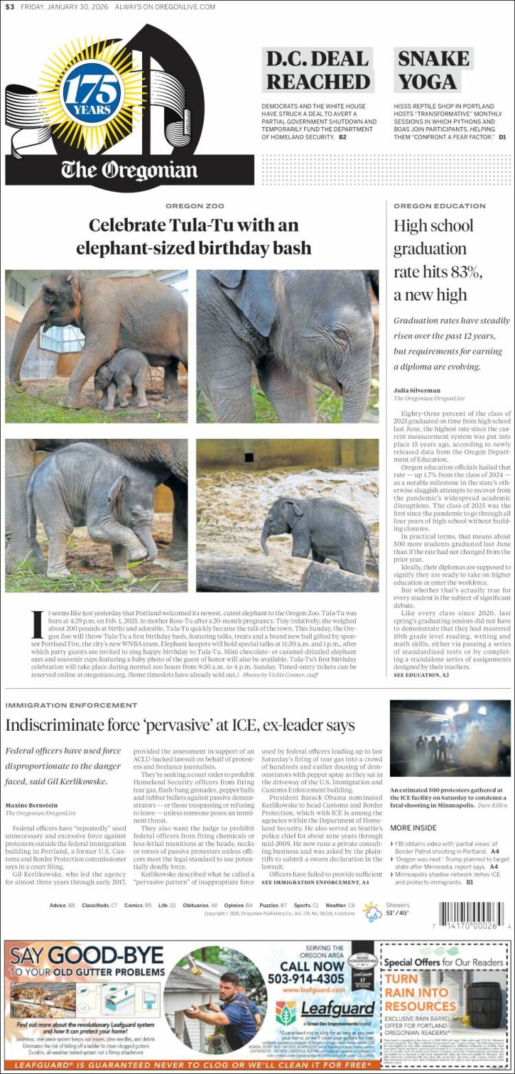 Portada de The Oregonian (USA)