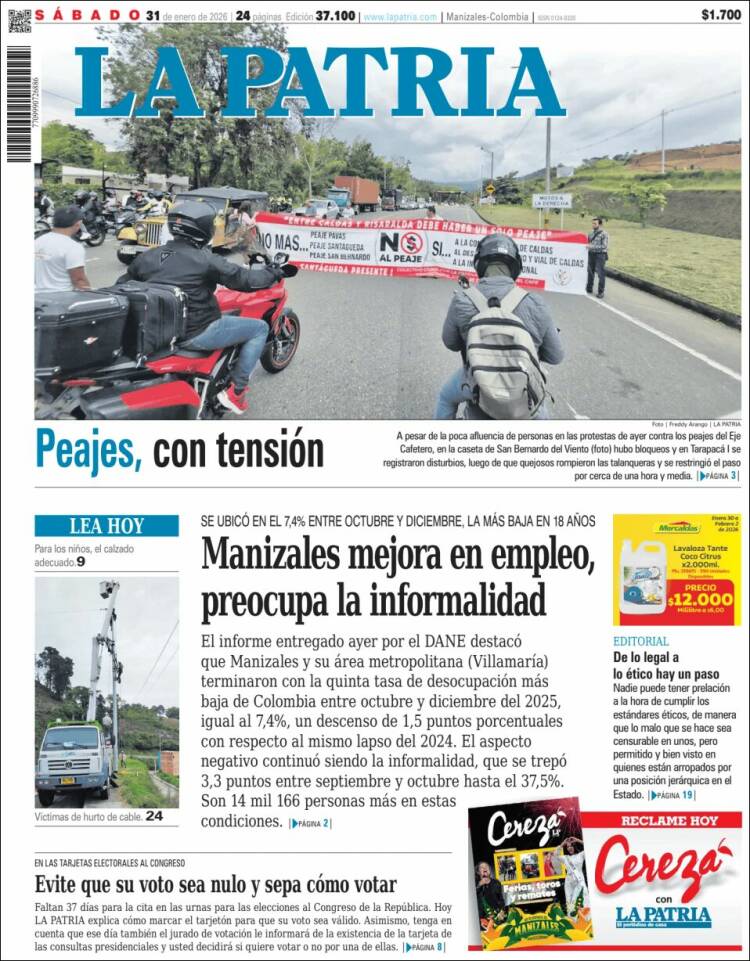 Portada de La Patria (Colombia)